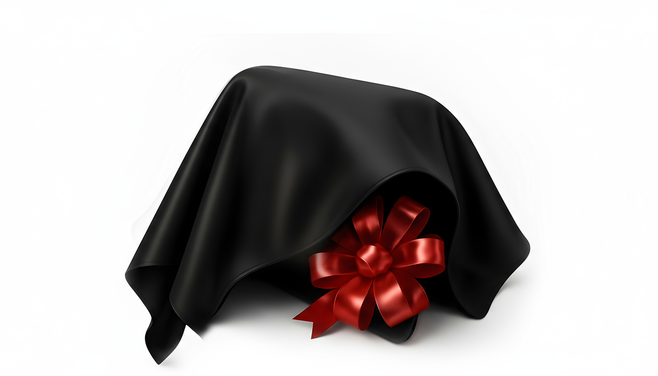 Black fabric draped over a red ribbon on a white background